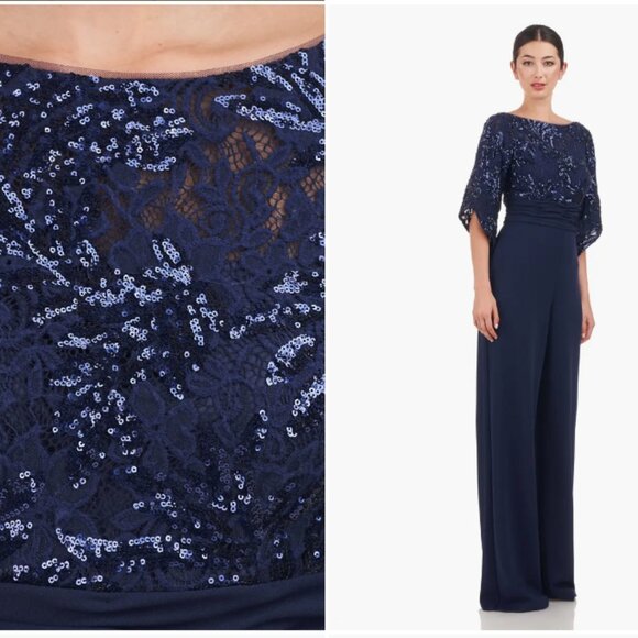 JS COLLECTIONS BELLE SEQUIN WIDE LEG NAVY JUMPSUIT DRESS sz 16 - Picture 3 of 7